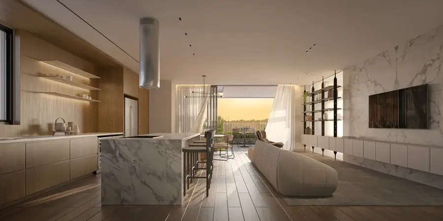 Living e cozinha integrados de apartamento tipo
