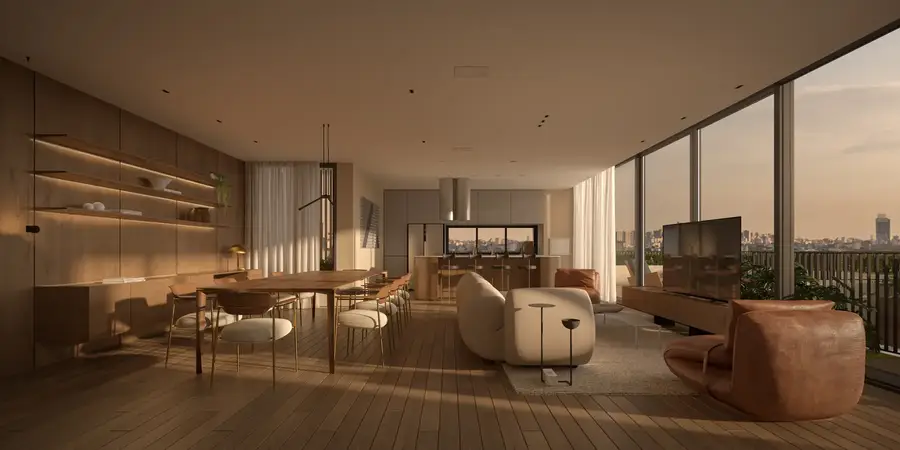 Living de cobertura com vista para a cidade