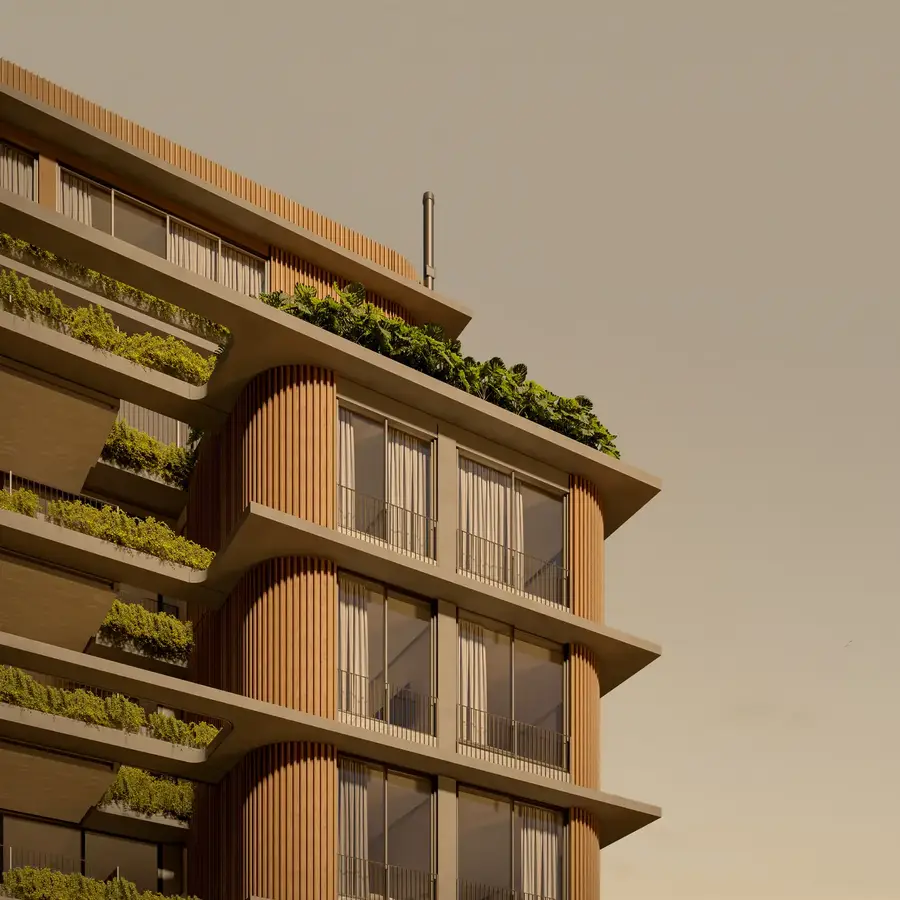 Detalhe da quina com brises de madeira e jardineiras